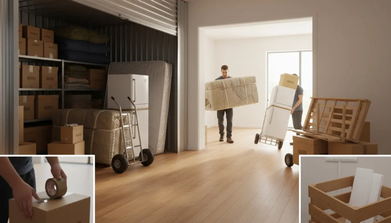Flytning fra depot til ny lejlighed med møbler, køleskab og kasser i dørtærsklen.