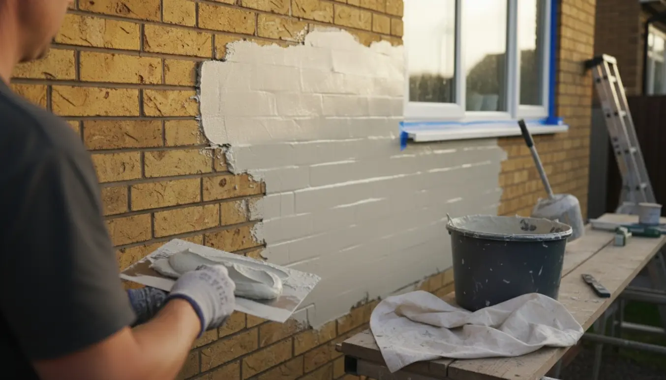 Udvendig gul murstensvæg fra 70'er-hus får frisk puds påført med murske og hawk.