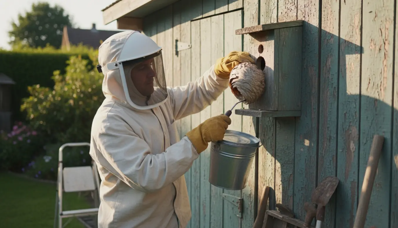 En person i beskyttelsesudstyr fjerner et stort hvepsebo fra et gammelt fuglehus på ydersiden af et skur.