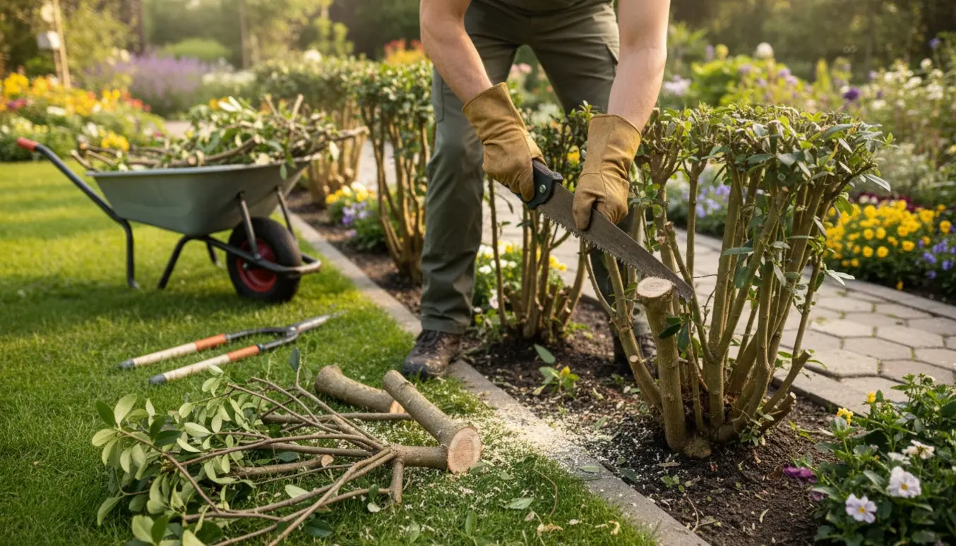 En gartner saver to flerstammede buske i haven, med beskårne grene og savsmuld i forgrunden.