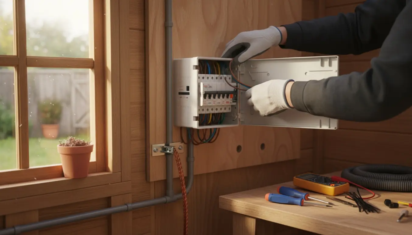 Elektriker arbejder i et kolonihavehus med åben eltavle og organiserede kabler i naturligt morgenlys.