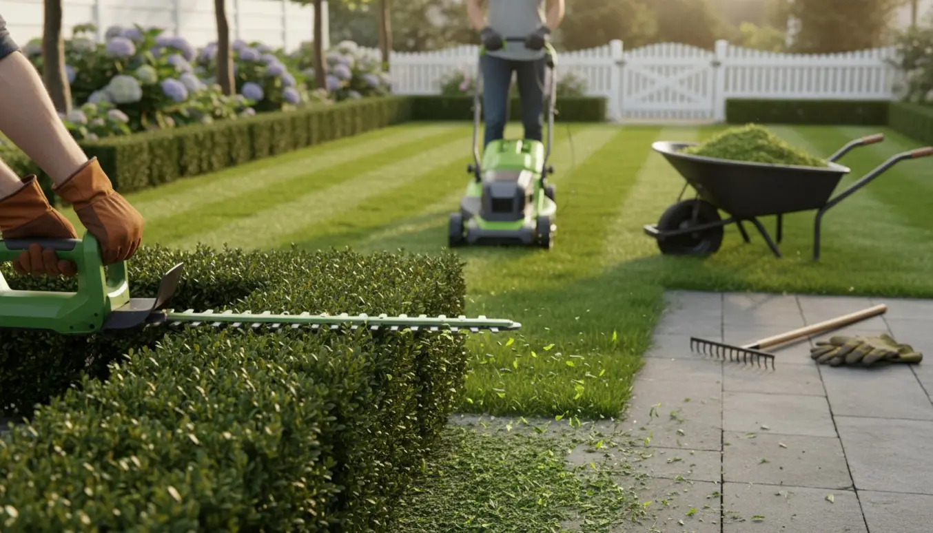 En person slår græs og klipper hække i en solbeskinnet, velholdt have, set bagfra.