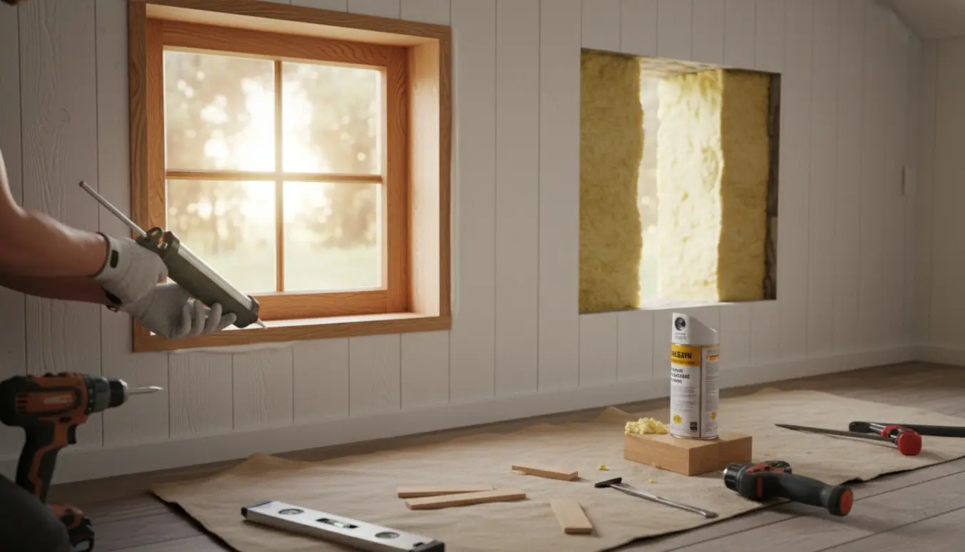 Håndværker installerer to nye trævinduer i stueplan i et kolonihavehus, isolerer og fuge indvendigt.