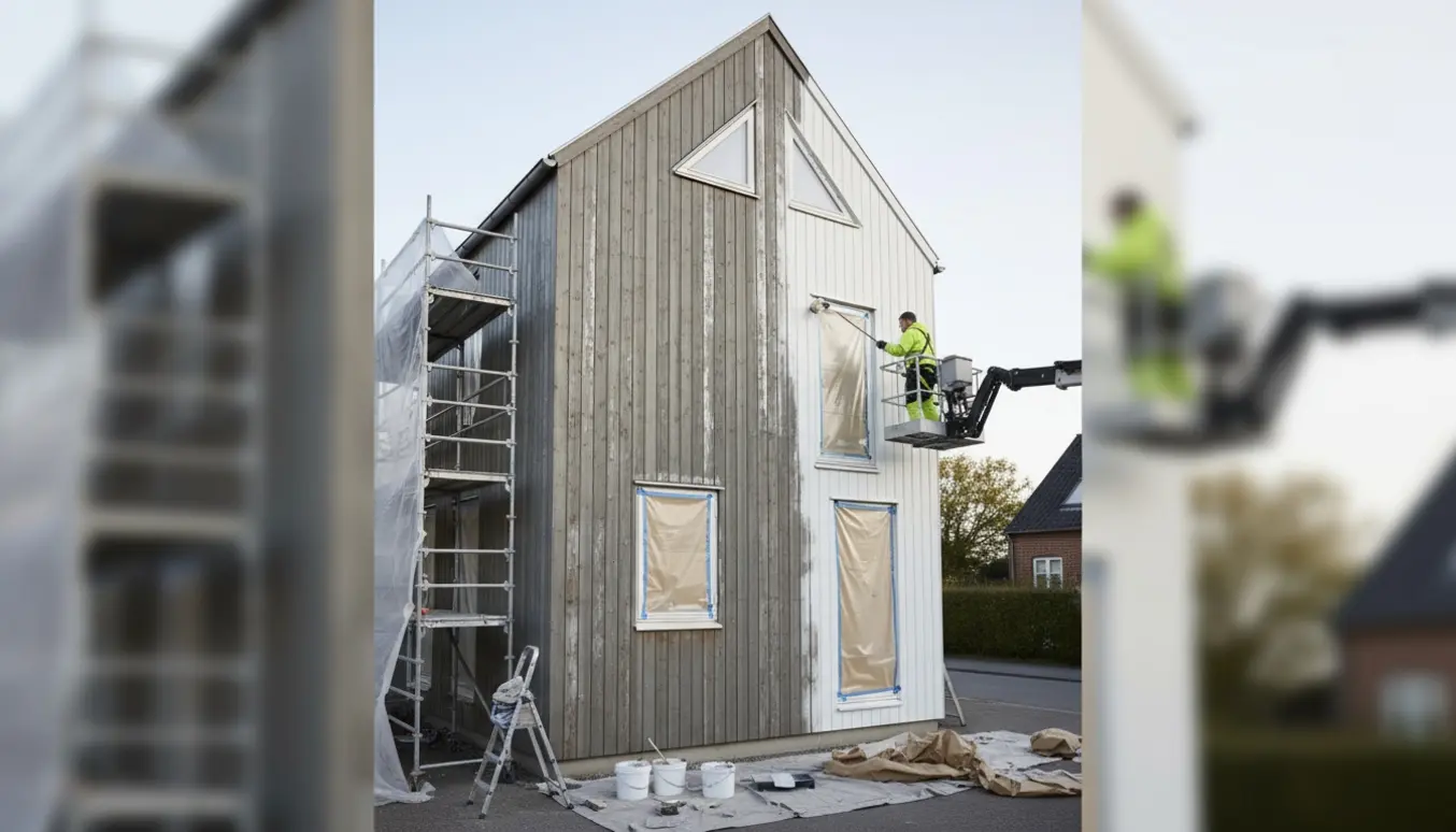 Hydreret foto af maler på lift, der maler træværket på en treetagers dansk bolig med to små kipvinduer og en terassedør.