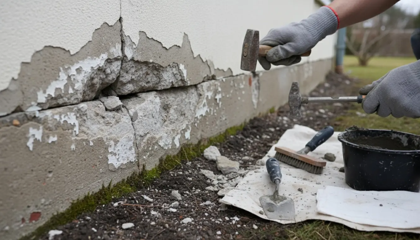 Nærbillede af frostsprængninger i en hus-sokkel, hvor handsker og murerredskaber fjerner løst mørtel.