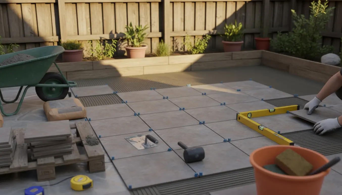 Nærbillede af lægning af 40x40 cm fliser på en 10 m² terrasse med værktøj og handsker.