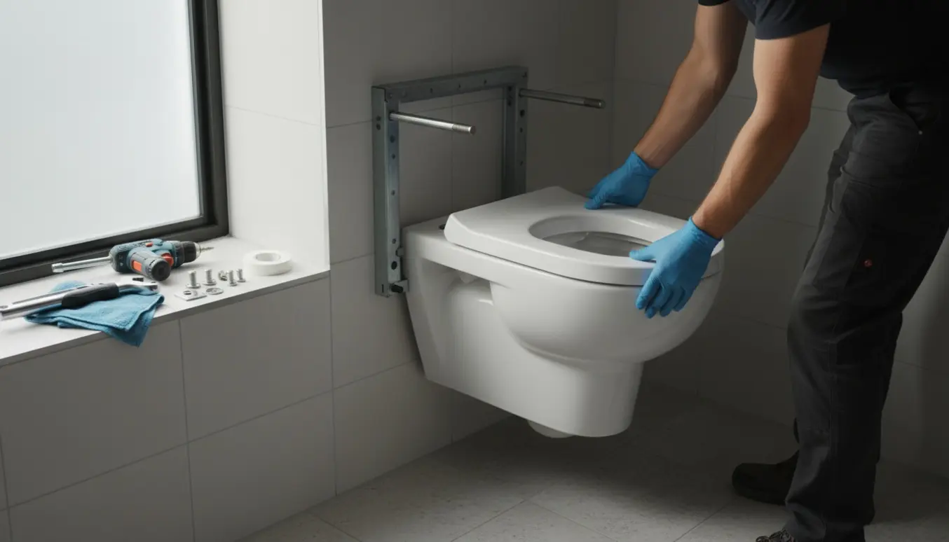 Håndværker monterer nyt væghængt toilet i et lyst, moderne badeværelse med værktøj og monteringsbeslag.