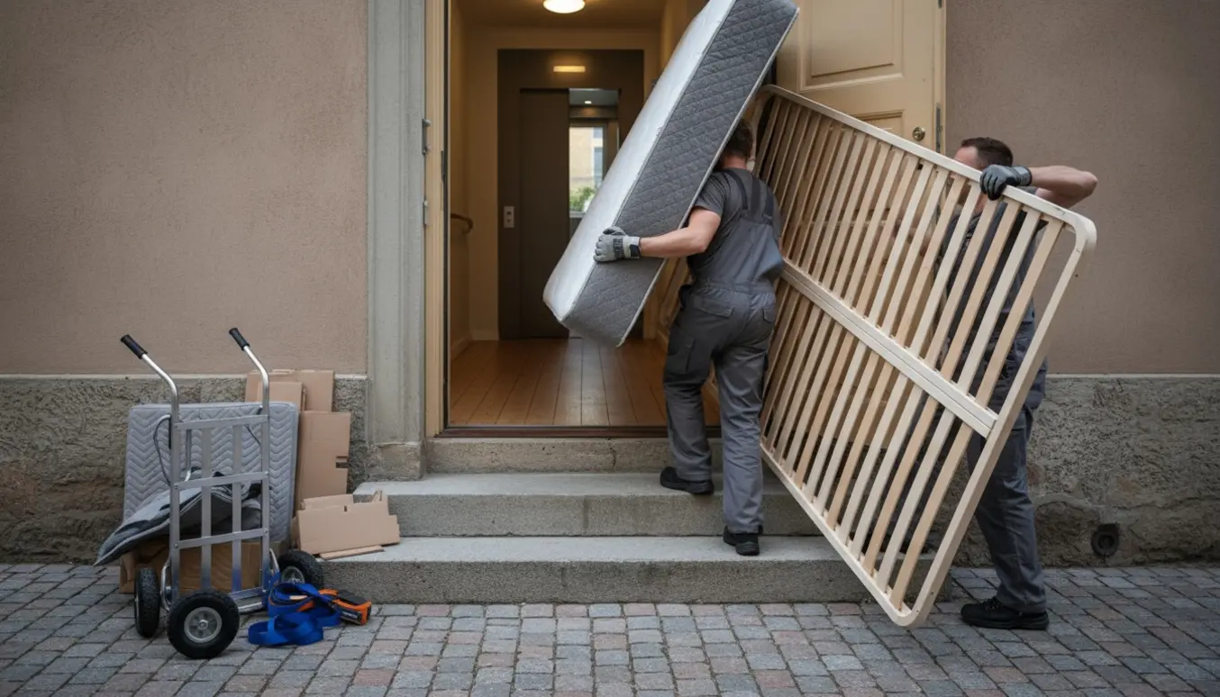 To personer bærer en dobbeltseng ind i en lejlighed via trappen med flytteudstyr i baggrunden.