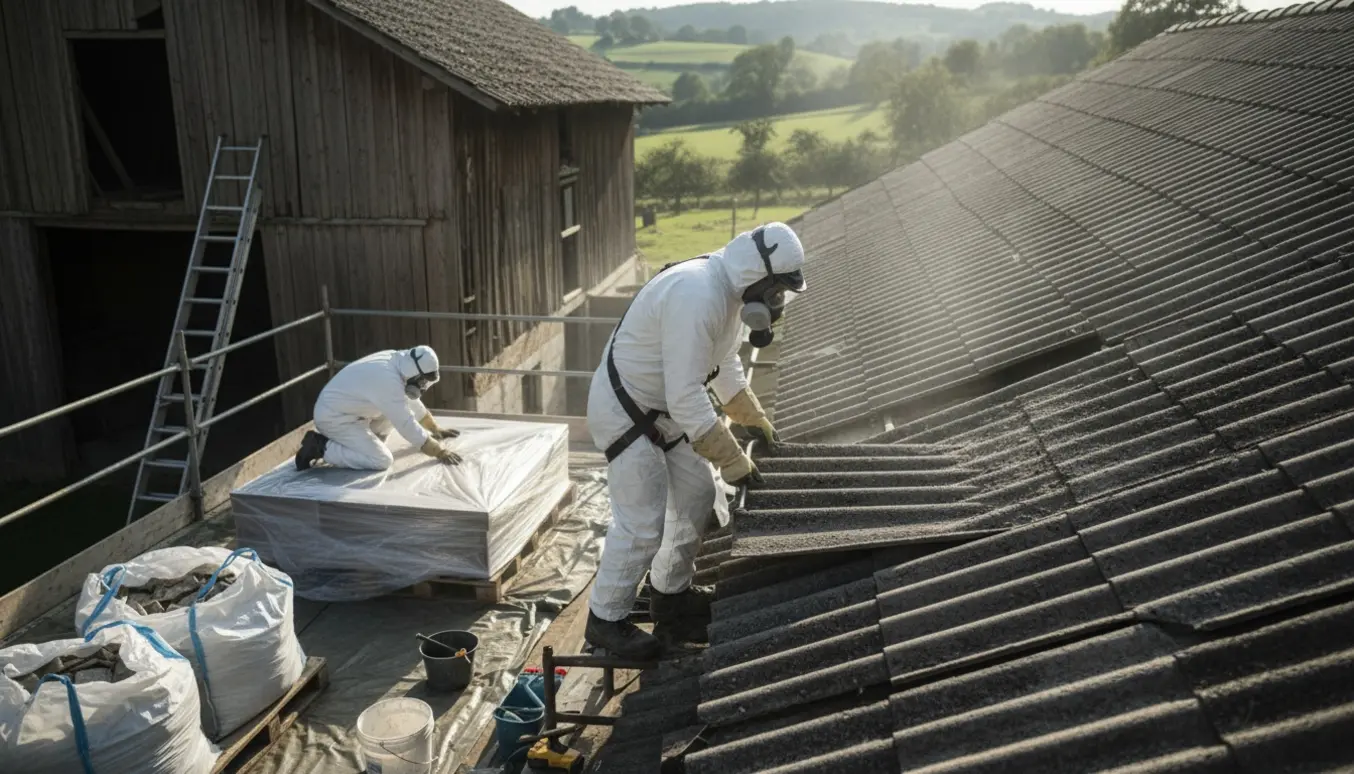 Arbejdere i beskyttelsesdragter fjerner forsigtigt eternitplader fra en gammel lade og pakker dem i plast.