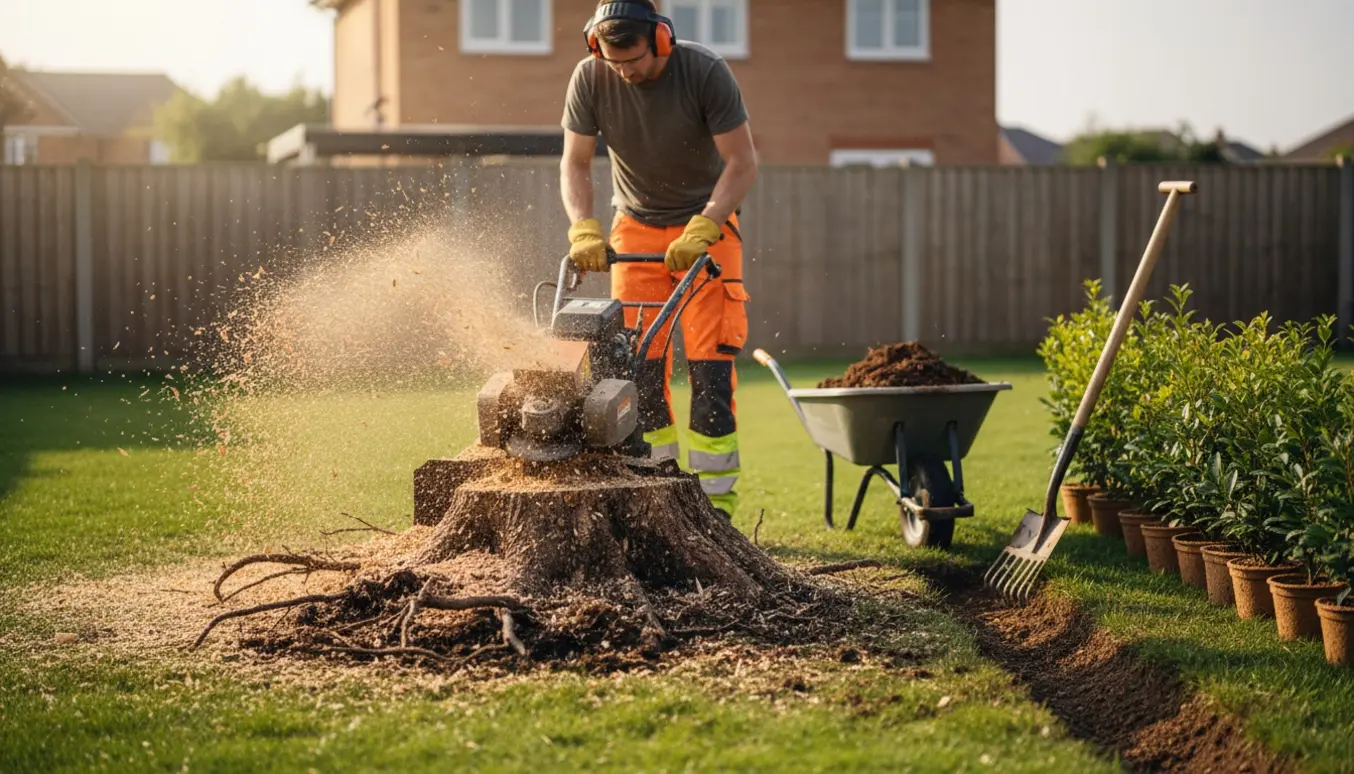 En stubfræser fjerner en træstub i haven, klar til at plante en ny hæk.
