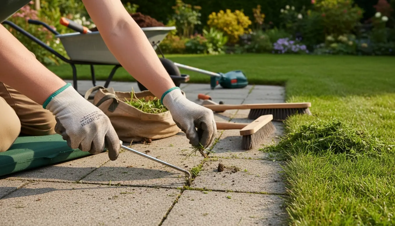 Nærbillede af hænder, der fjerner ukrudt mellem fliser og klipper græskanten i en solrig have.
