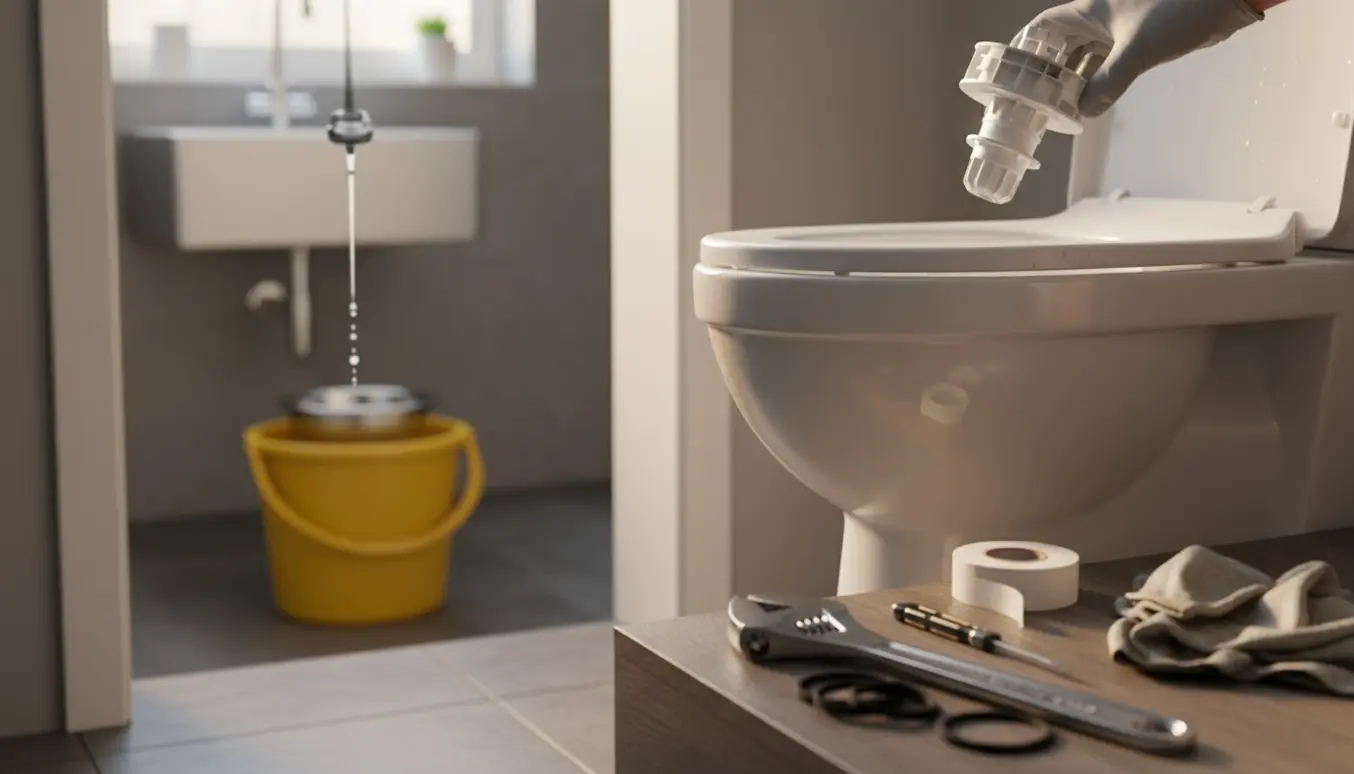 Nærbillede af reparation af toiletcisternen med værktøj, mens en dryppende køkkenhane løber i en spand i baggrunden.