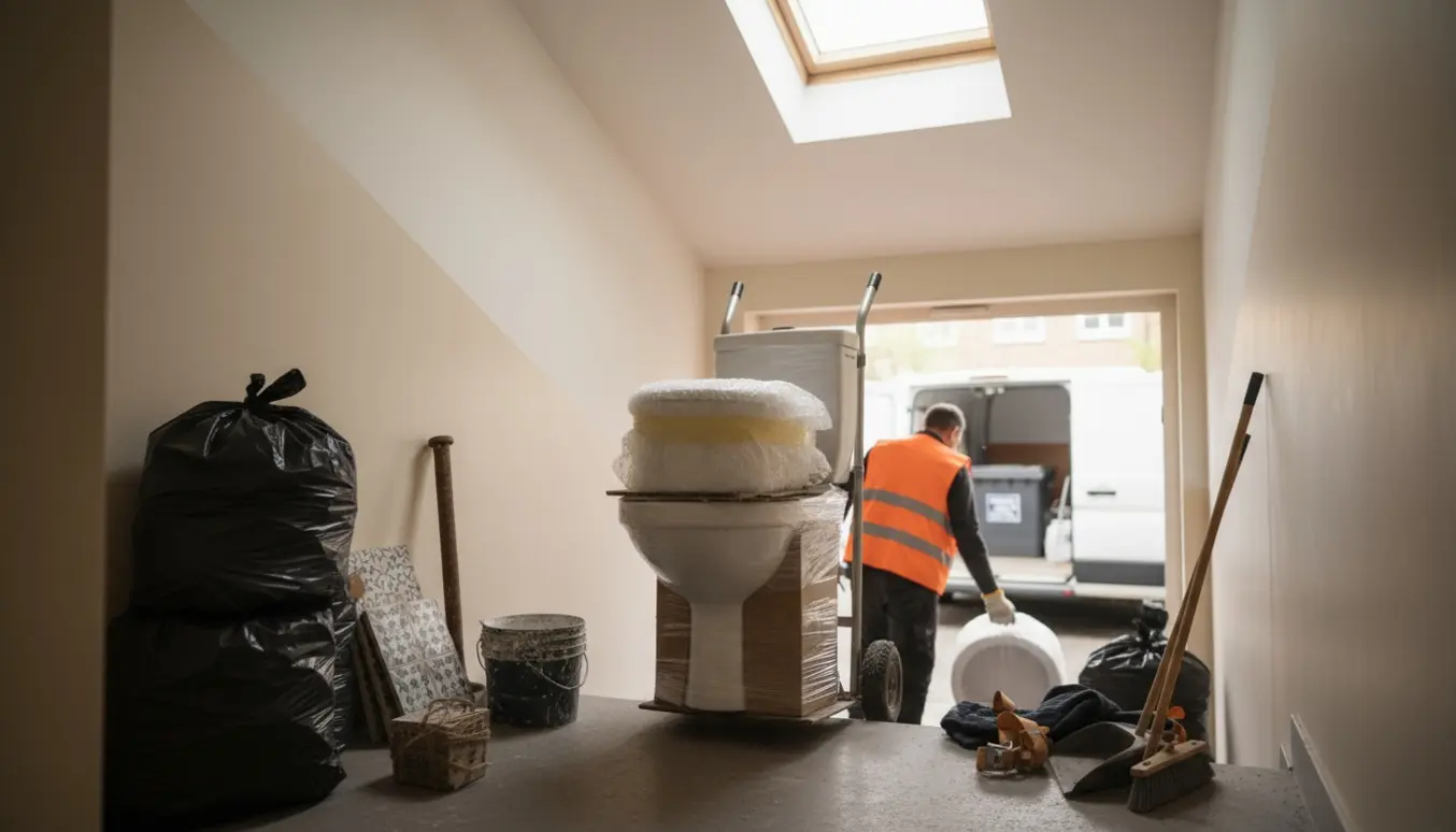 Affald fra lejlighedsrenovering i en trappeopgang klar til bortskaffelse med toilet, håndvask, sække og værktøj.
