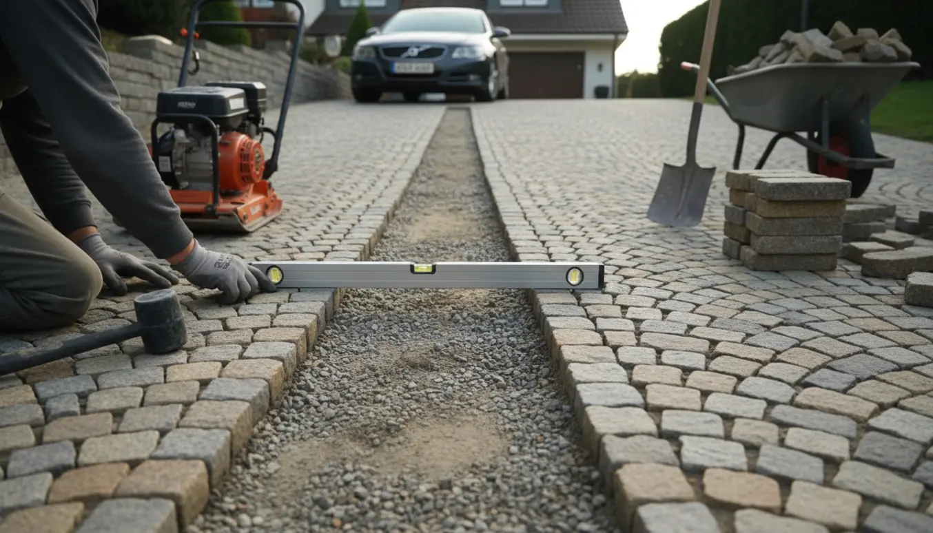 Skrånende indkørsel med påfuglemønster af brosten under opretning, handsker og værktøj ved en bil i baggrunden.