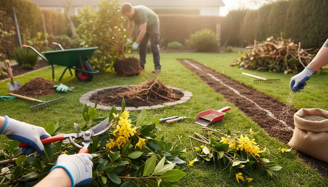Havearbejde med beskæring, opgravning af rhododendron og genoprettelse af en smal græsstribe.