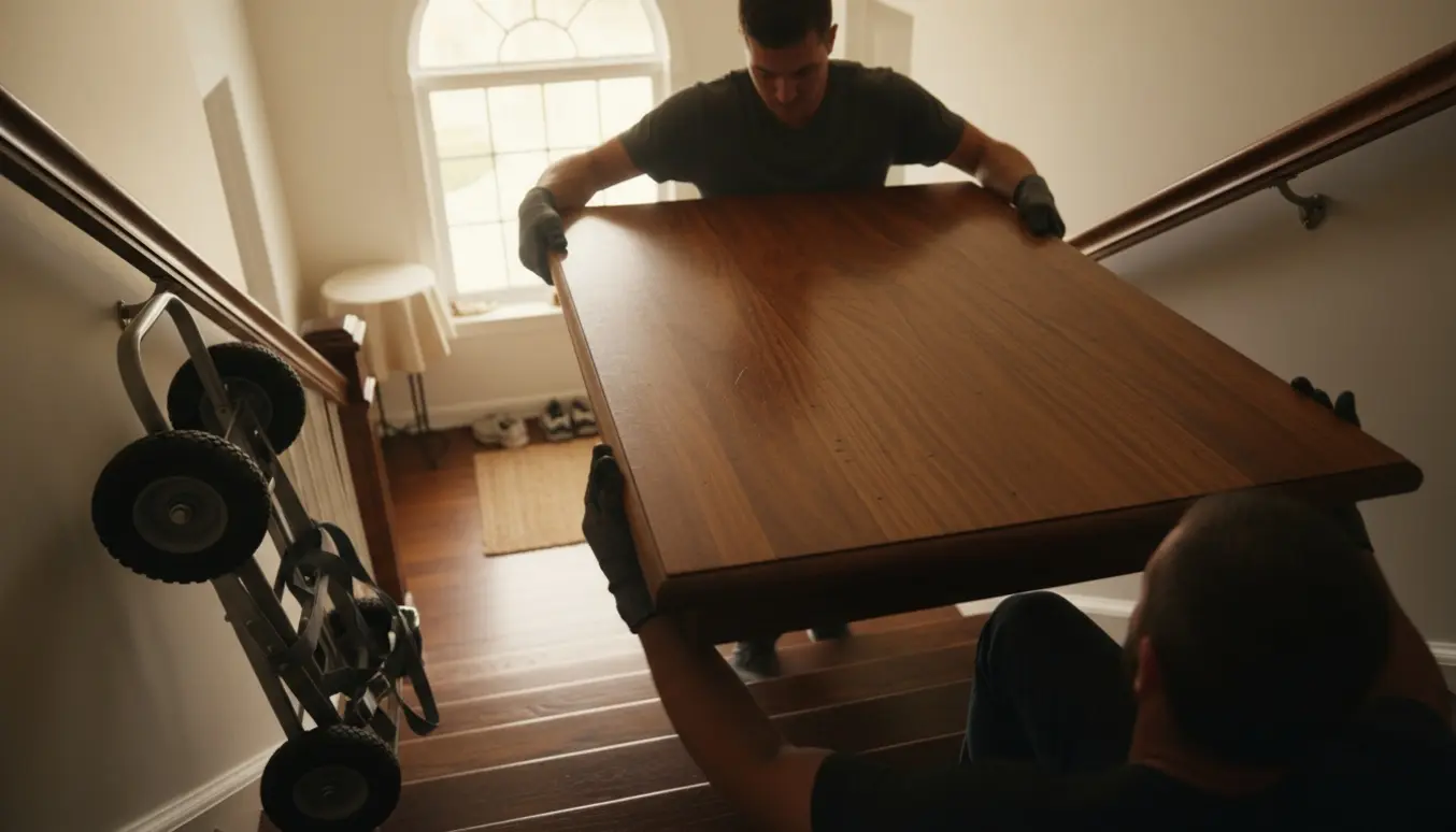 To personer bærer et træspisebord op ad en lys trappe i en boligopgang.