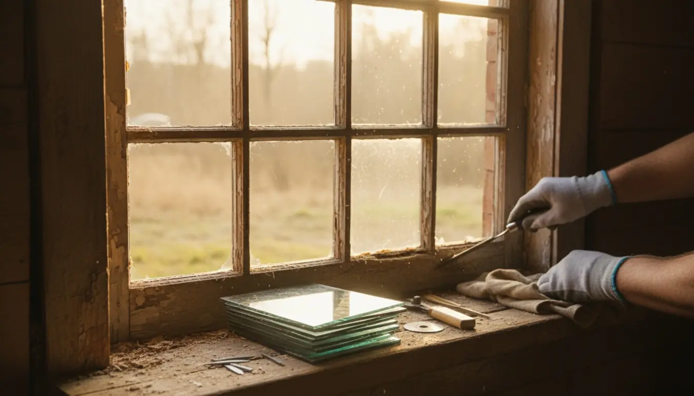Hænder udskifter tolv små ruder i et gammelt staldvindue med værktøj og nye glasplader i naturligt lys.