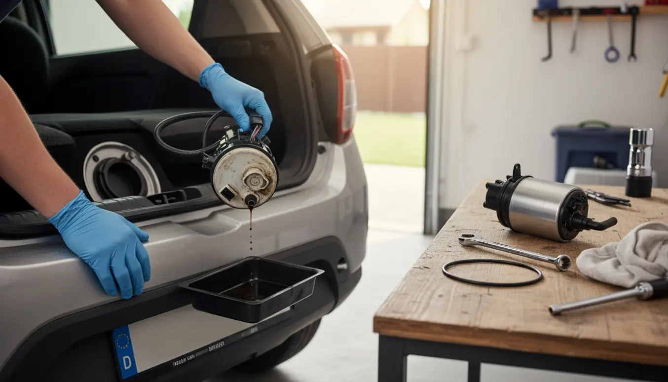 Mekaniker i handsker fjerner en dieselbrændstofpumpe fra bagagerummet på en kompakt hatchback med værktøj og reservedele ved siden af.