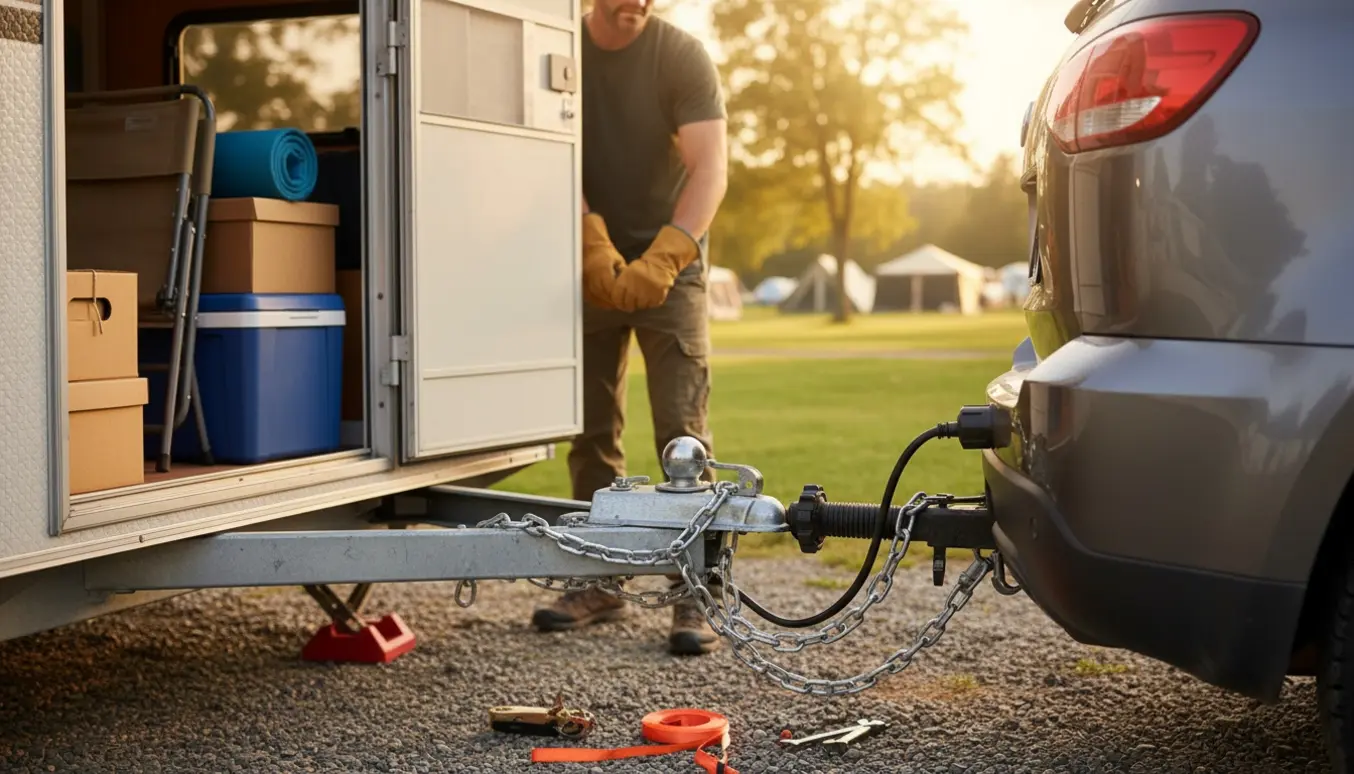 En mellemstor campingvogn tilkobles en bil på en campingplads, med pakket udstyr synligt i vognen.