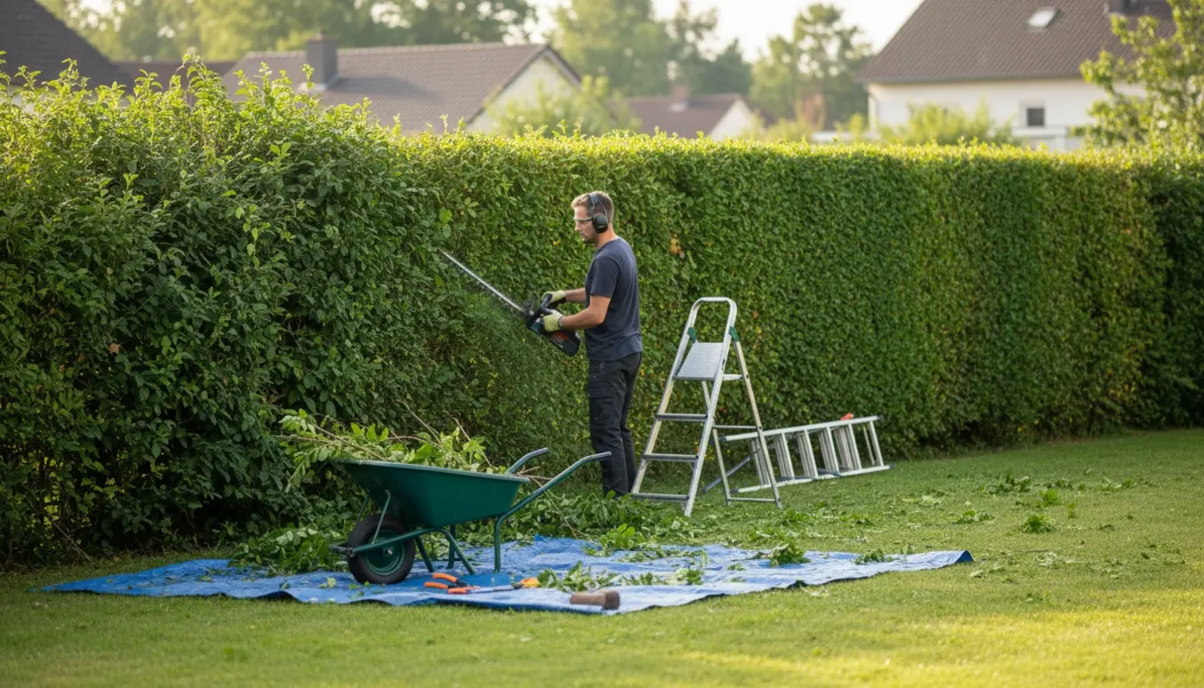 En gartner trimmer en lang hæk i en forstadshave med afklip i en trillebør.