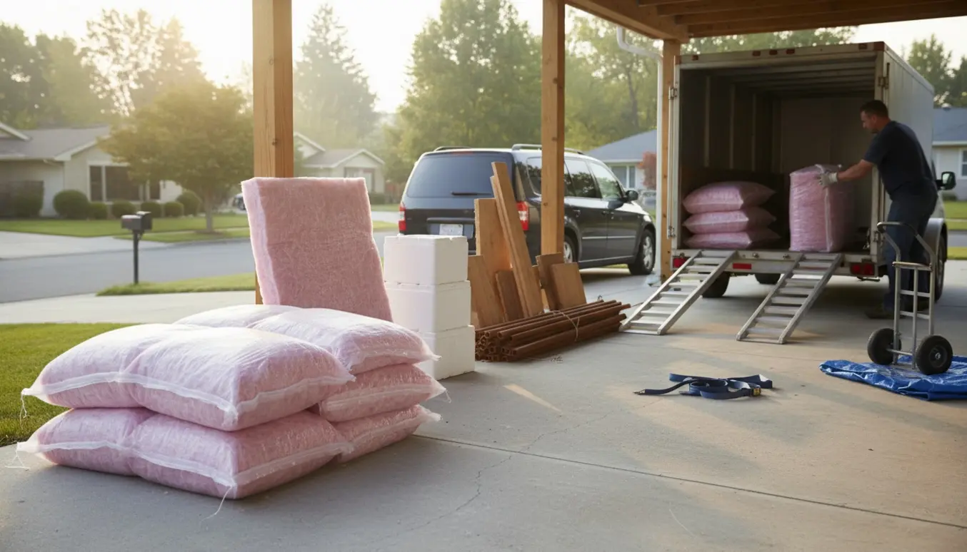 Sække med glasuld, flamingo-kasser, træ og metal klar til at blive læsset fra en carport til en trailer.