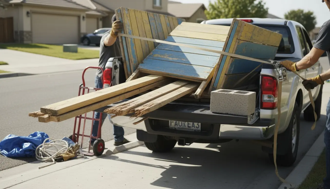 Lastning af legehusets træ og en betonklods på en varebil ved vejkanten, klar til aflevering på genbrugsstation.
