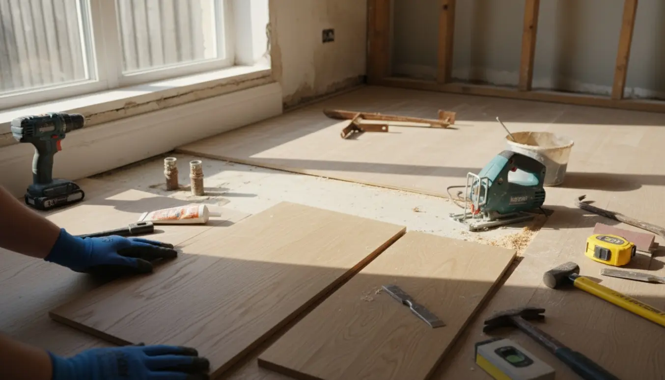 Nærbillede af reparation af trægulv med nye planker og værktøj efter fjernelse af væg og to radiatorer.