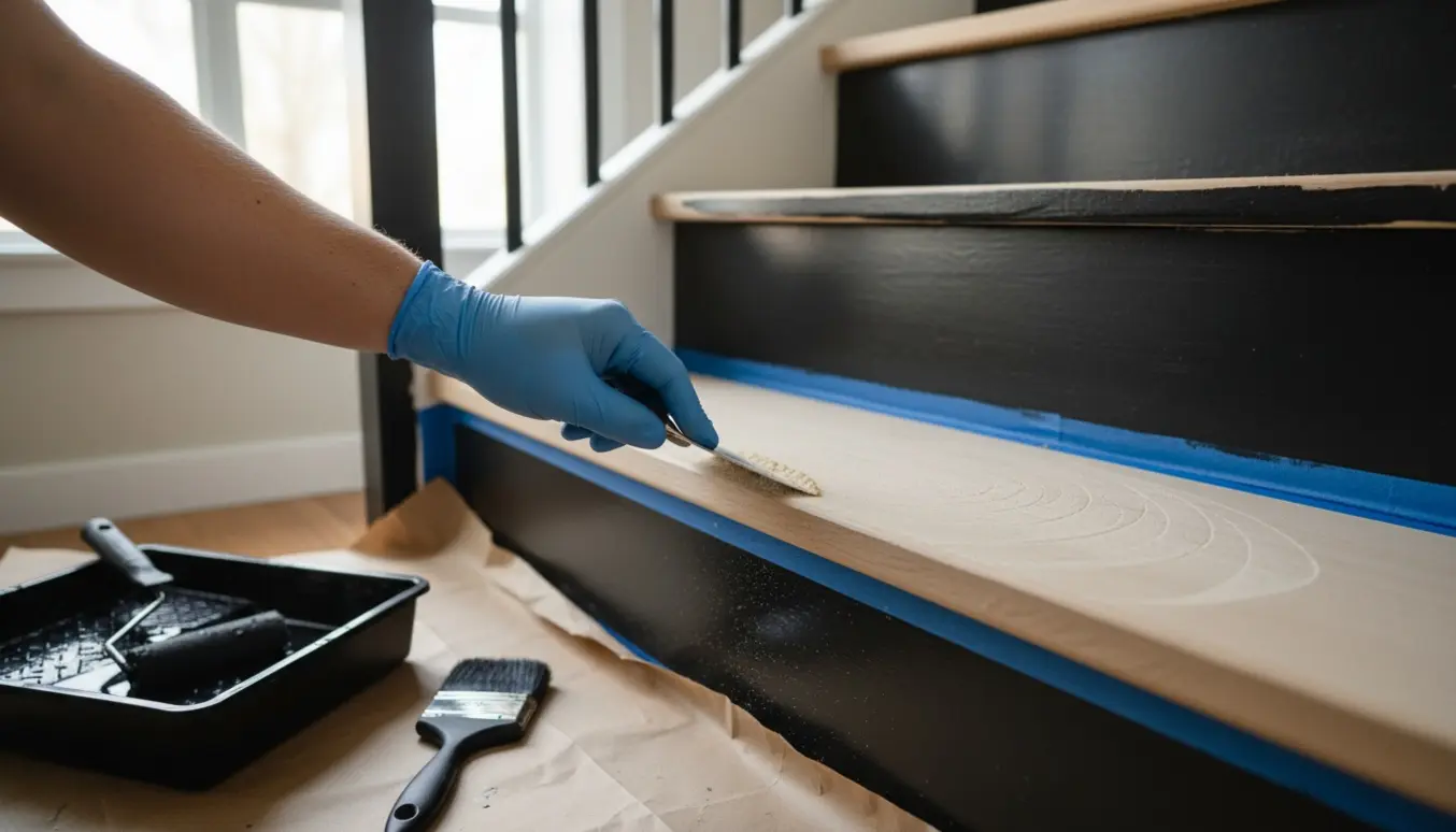 Indendørs trappe under maling: sorte nymalede træpaneler, afdækkede trætrin og en hånd, der spartler slibespor.