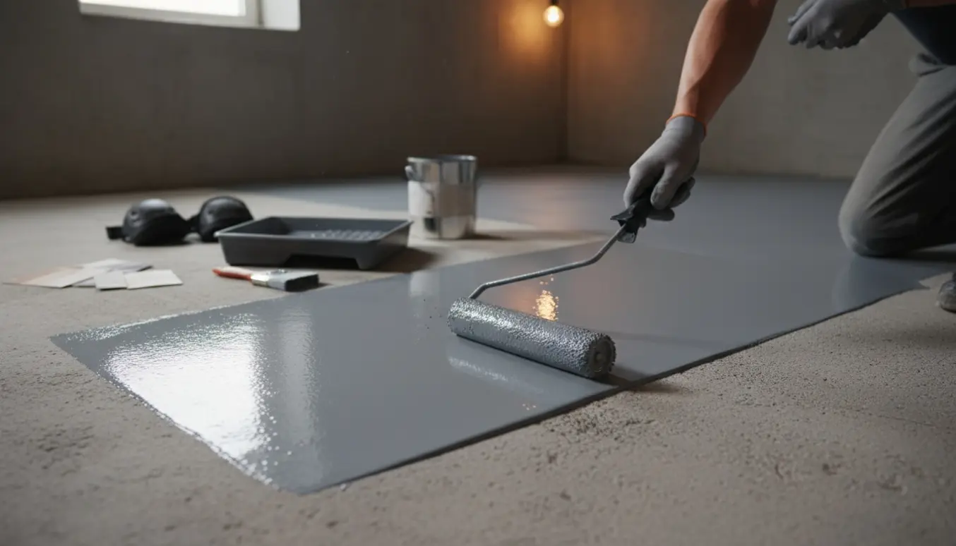 En maler ruller epoxy-maling på et råt kældergulv med malerbøtte og farveprøver i baggrunden.