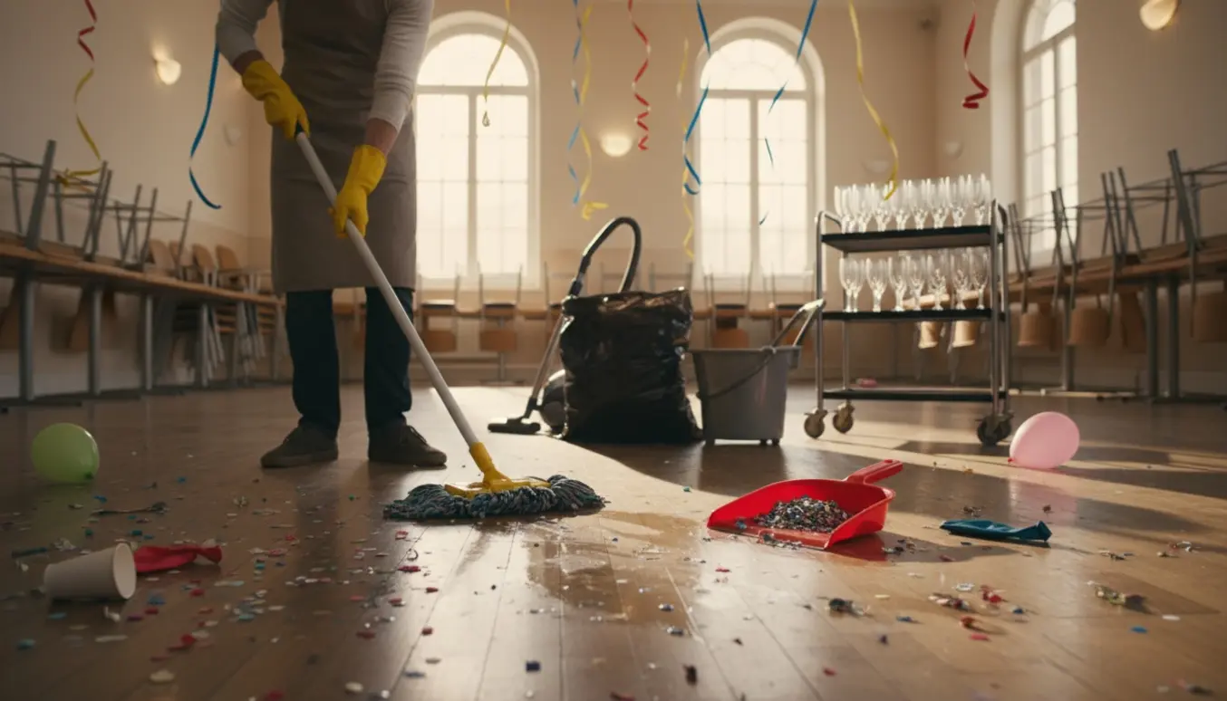 Rengøring af festlokale med handsker, skraldesække, moppe og sammenlagte stole efter en fest.