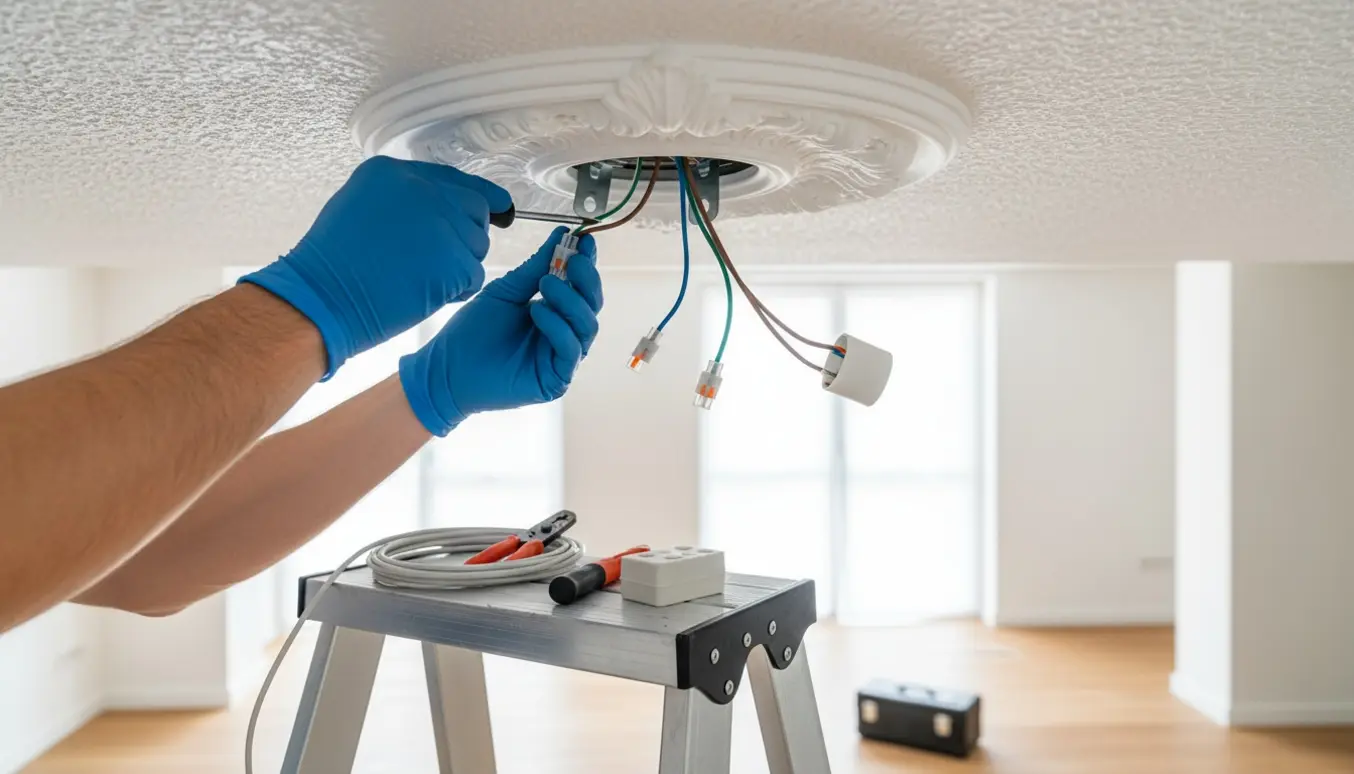 Hænder på en stige monterer en lampeholder i et dekorativt stukudtag med synlige kabler og værktøj.