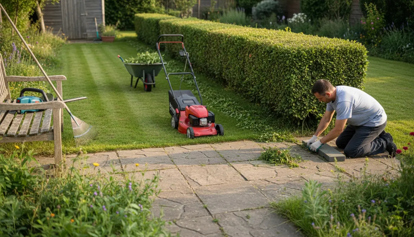 Solbelyst have med hækkeklippet hæk, en plæneklipper på delvist slået græs og hænder, der luger ukrudt mellem fliser.