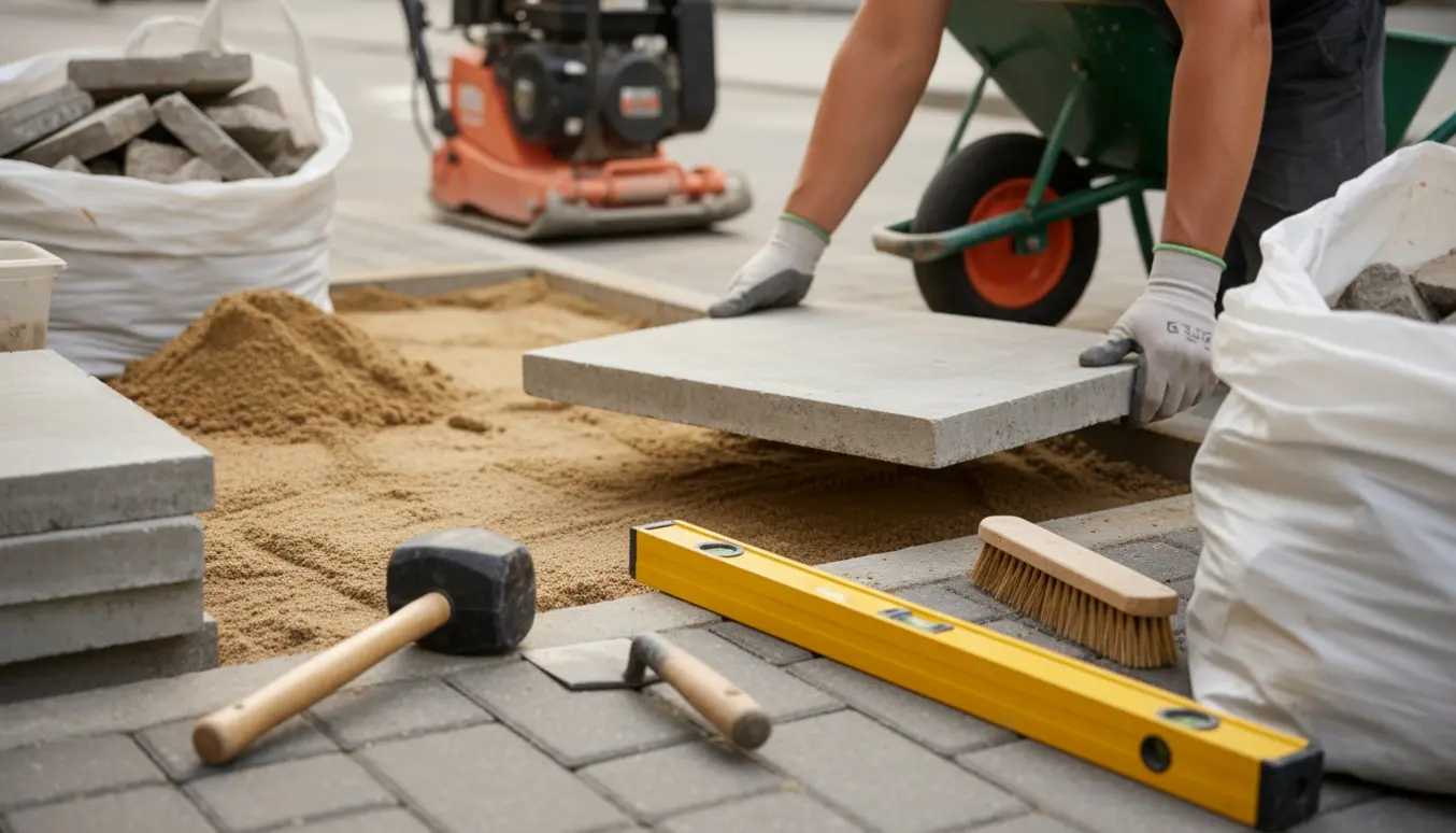 Nærbillede af en arbejder uden synligt ansigt, der lægger 60x60 cm fliser på et fortov.
