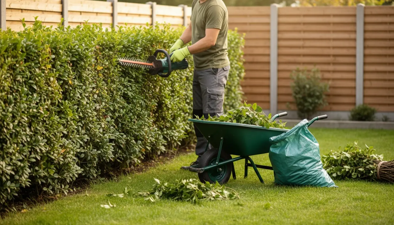 Nærbillede af hækkeklipning i lille have med opsamling af hækaffald og redskaber.