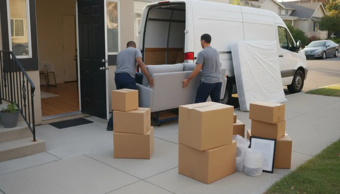 Flyttekasser, sofa og indpakket boxmadras udenfor en åben stuelejlighed med en flyttebil parkeret foran.