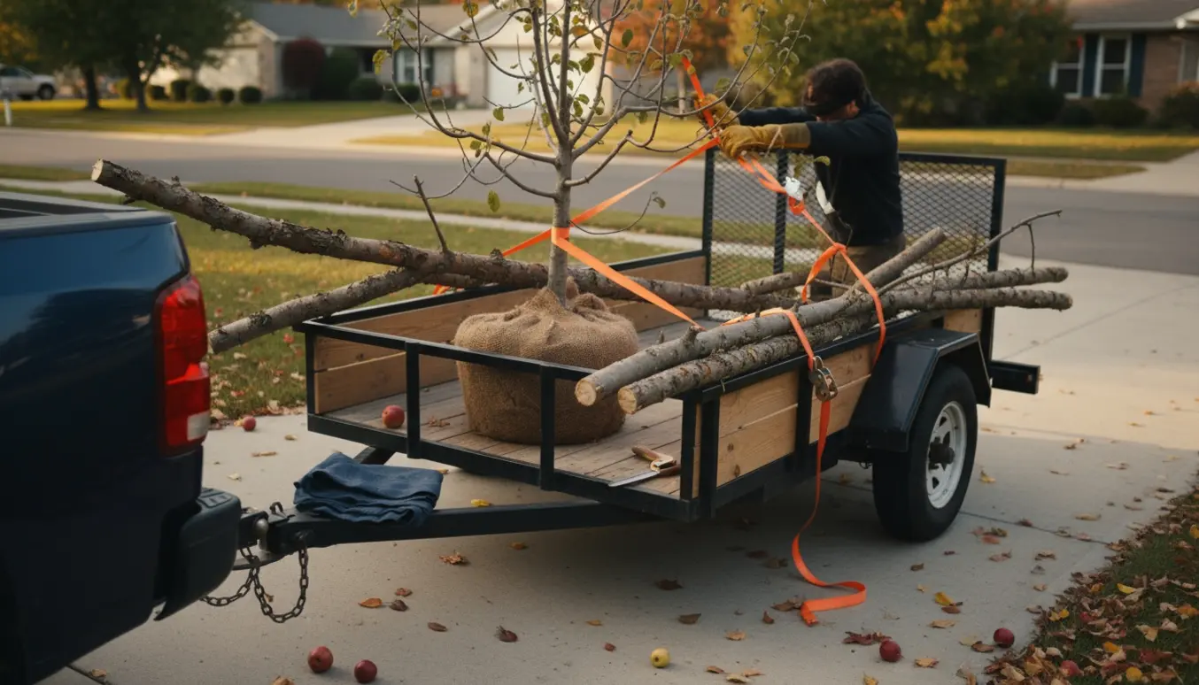 Et beskåret æbletræ bundet på en åben trailer, fastgjort med stropper og klar til kørsel.