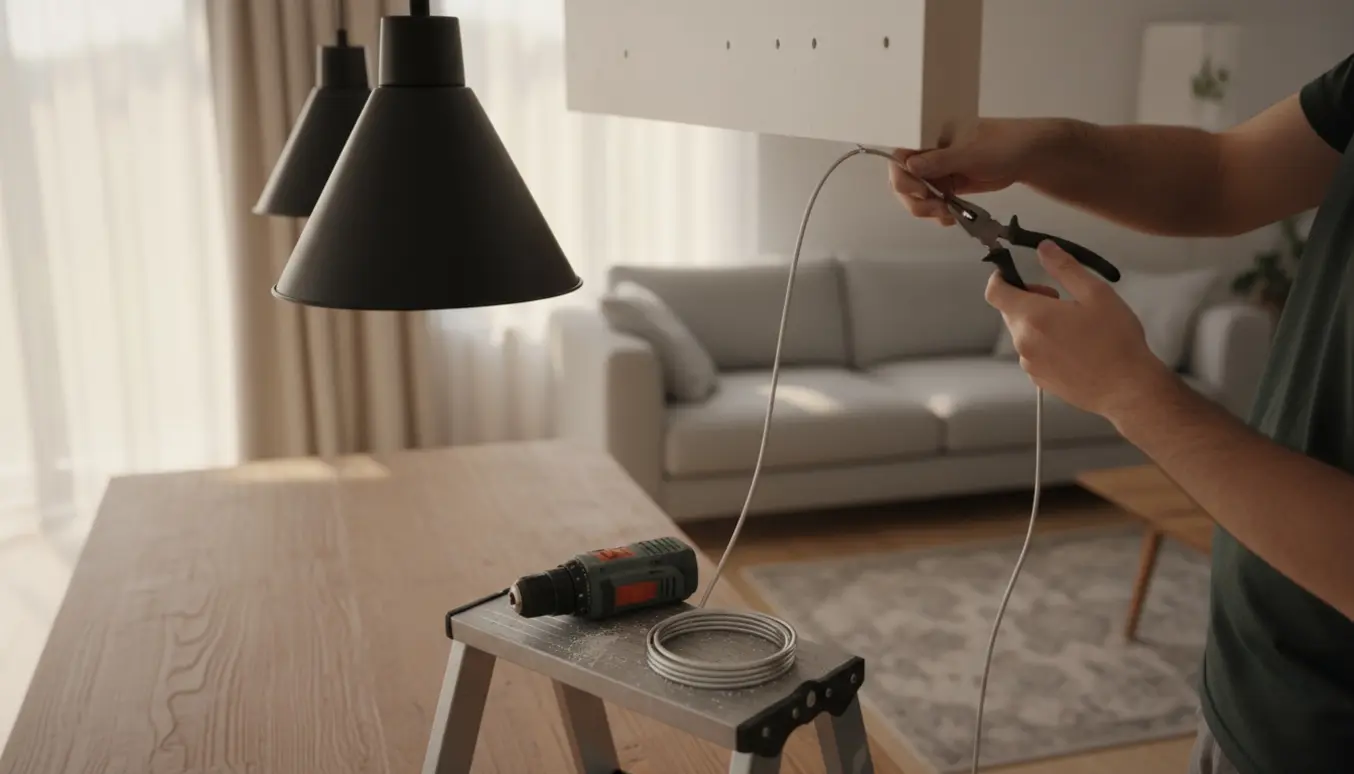 Nærbillede af montering af en loftslampe over et spisebord med hvid forlængerledning og bor på en stige.