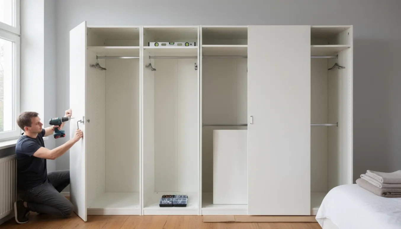 Hænder samler to smalle og ét bredt PAX-garderobeskab i et lyst rum med værktøj og døre lagt ved siden af.