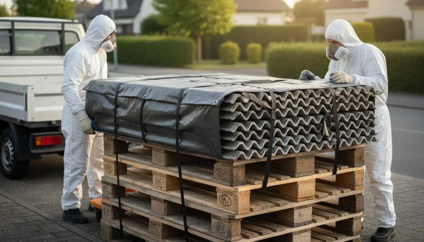 Fire EUR-paller med eternitplader på en indkørsel dækket af presenning klar til transport, arbejdere i beskyttelsesudstyr med ansigter vendt væk.