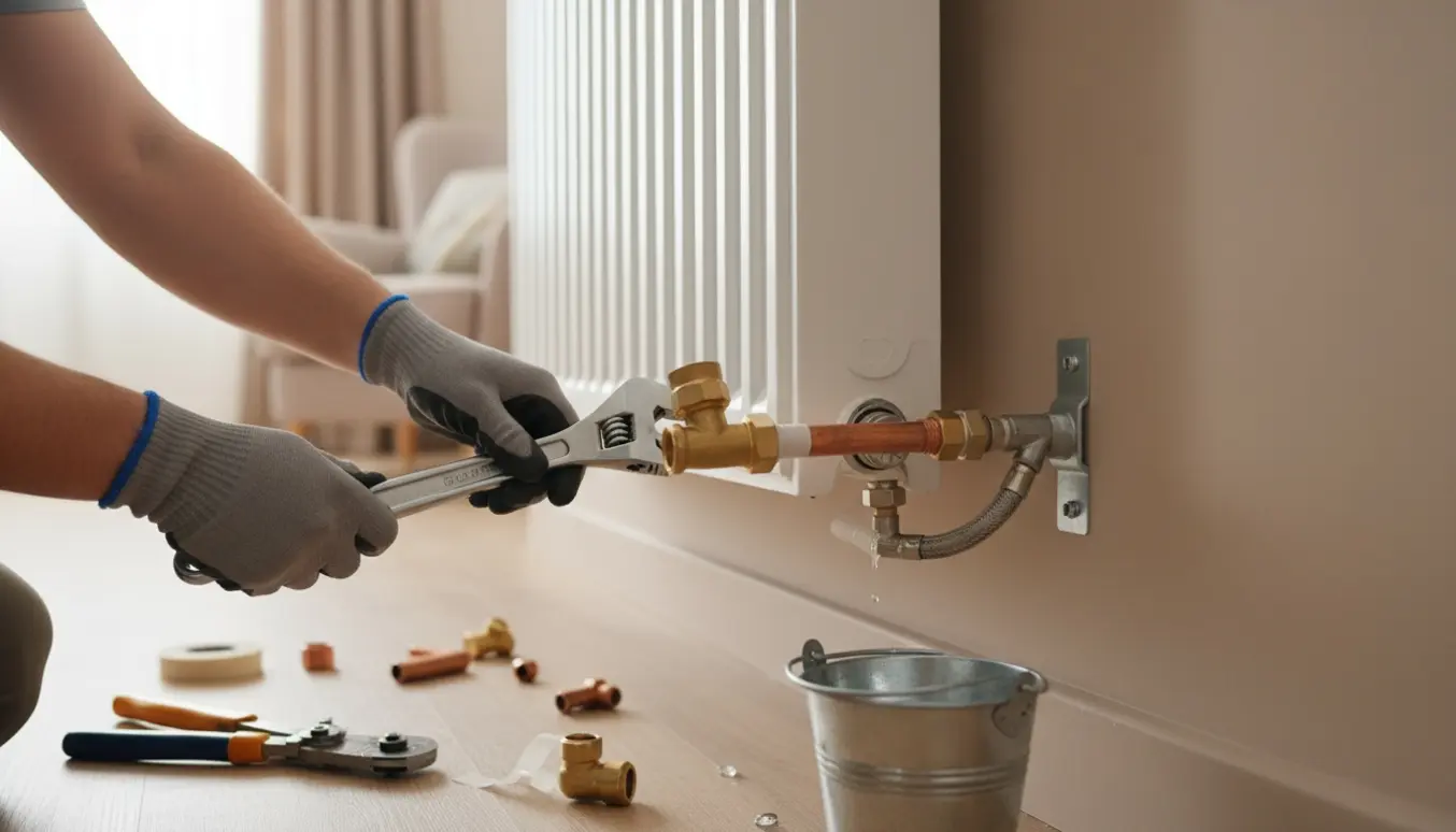 Nærbillede af hænder, der tilslutter en radiatorventil til rør under installation.