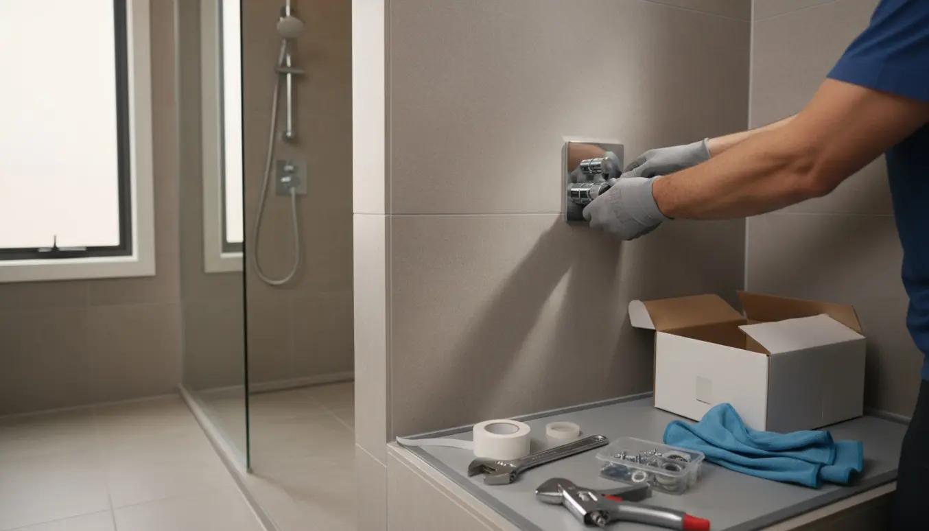 Håndværker monterer nyt krom brusearmatur i et moderne badeværelse med værktøj og reservedele klar.