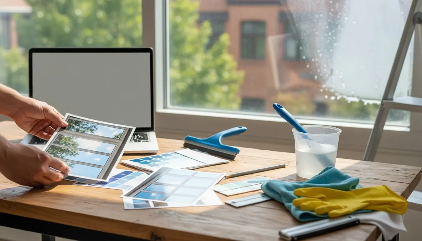 Trykte flyers og designmaterialer til en vinduespudser på et solbelyst arbejdsbord med vinduespudserudstyr.