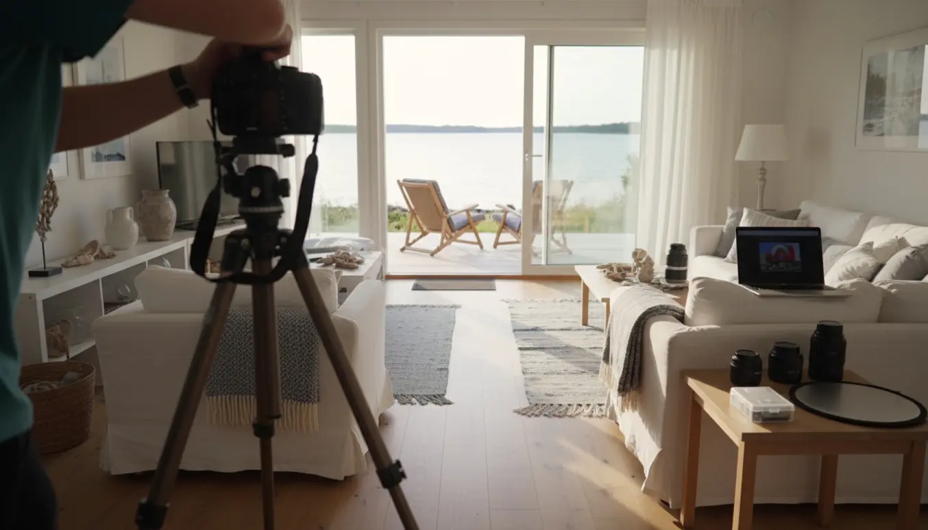 Fotograf set bagfra, der tager billeder af lyst sommerhusinteriør med åben terrasse og havudsigt.