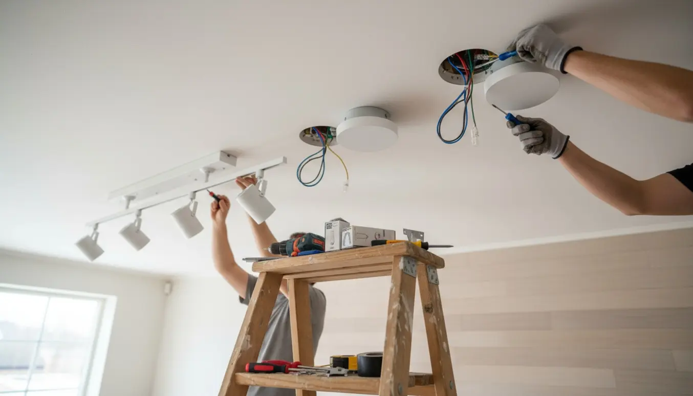 Loftmontering af fire lamper — to med tre spots og to runde lamper med værktøj og kabler på en stige.