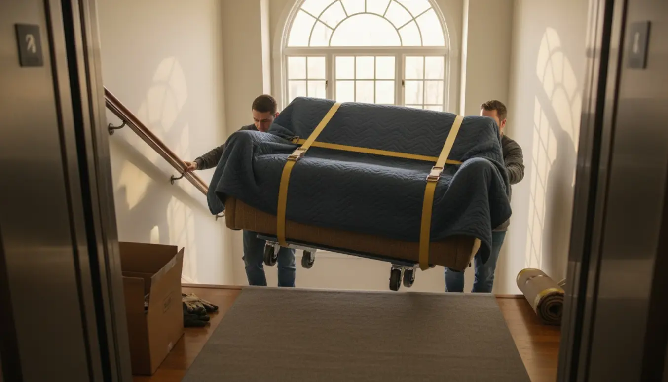 En mellemsstor sofa pakket i flyttetæpper bæres gennem en opgang mod en åben elevator.