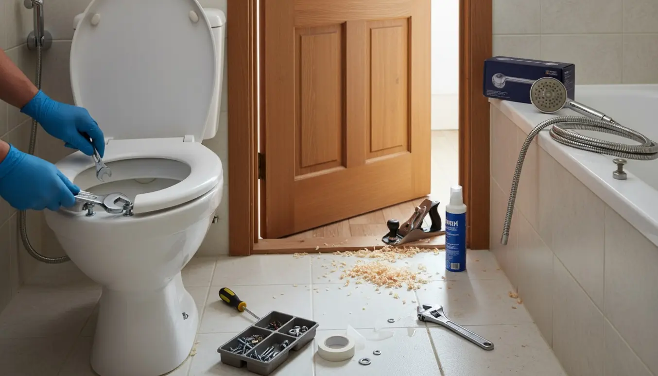 Nærbillede af montering af nyt WC-bræt i et badeværelse med værktøj og et nyt brusersæt, mens en indvendig dør står lidt åben.