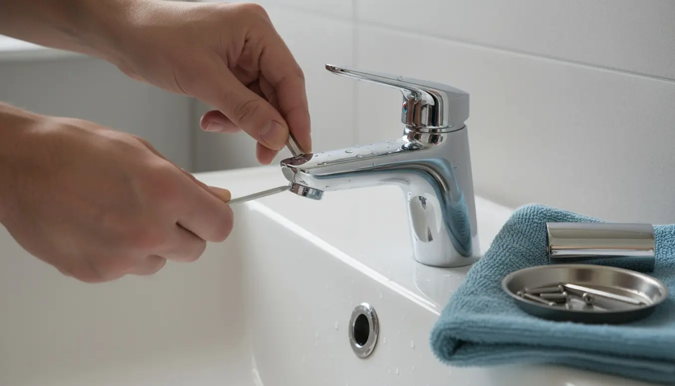 Hænder genmonterer et krom blandingsbatteri på et badeværelsesvask med værktøj ved siden af.