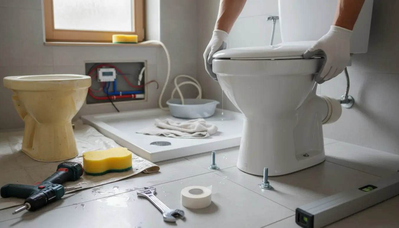 Håndværker installerer nyt toilet i badeværelse med åbent gulvvarmepanel og lækkende brusebad.