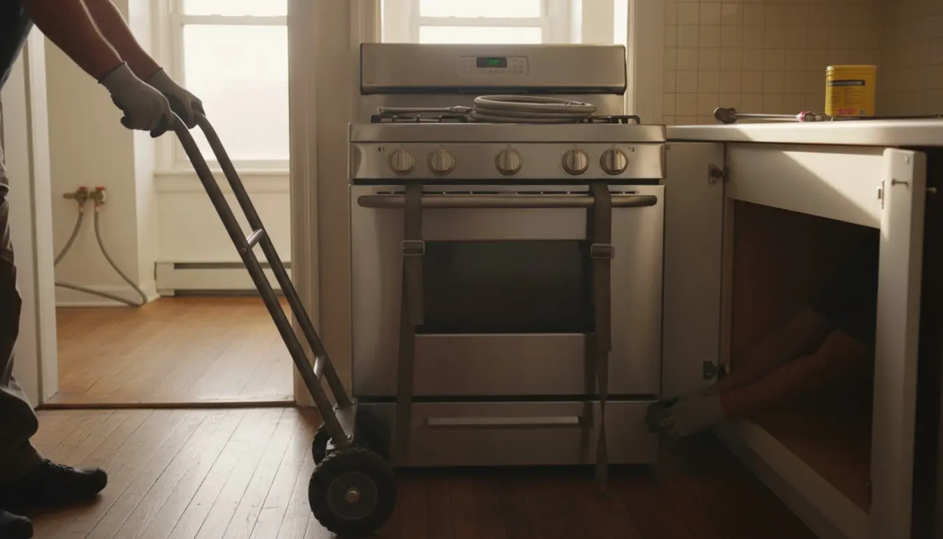 En håndværker flytter et gaskomfur mellem to lejlighedskøkkener med en flyttedolly.