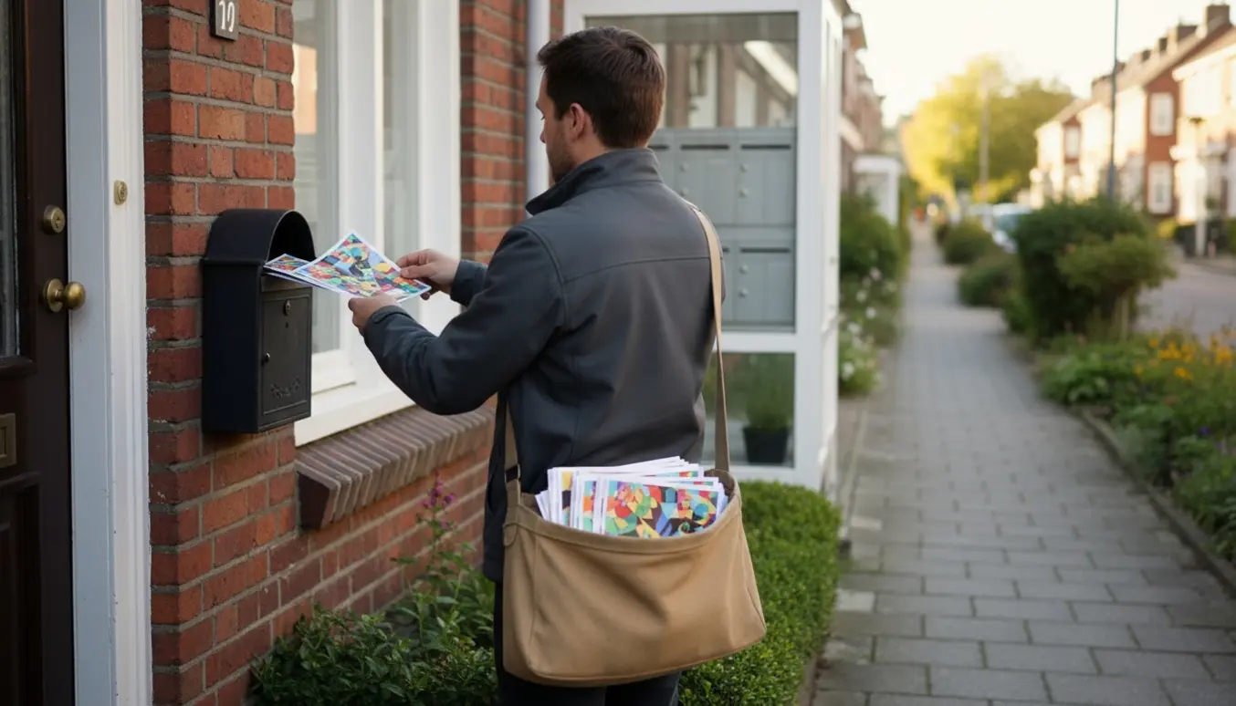 En leveringsperson sætter en flyer i en postkasse foran et hus med lejlighedspostkasser i baggrunden.